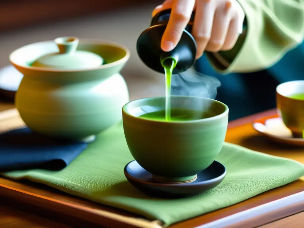 Un ritual japonés del té: matcha vertiendo en taza de cerámica