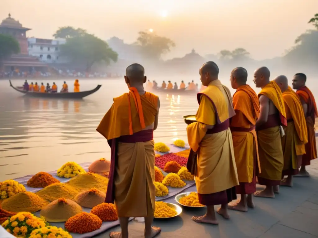 Hindu monks realizan un ritual matutino en las orillas del río Ganges, envueltos en saffron, con ofrendas florales detalladas