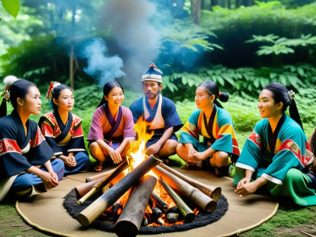 Ritual sagrado de los Ainu y Ryukyu en la exuberante naturaleza, reflejando la lucha de los pueblos indígenas en Japón