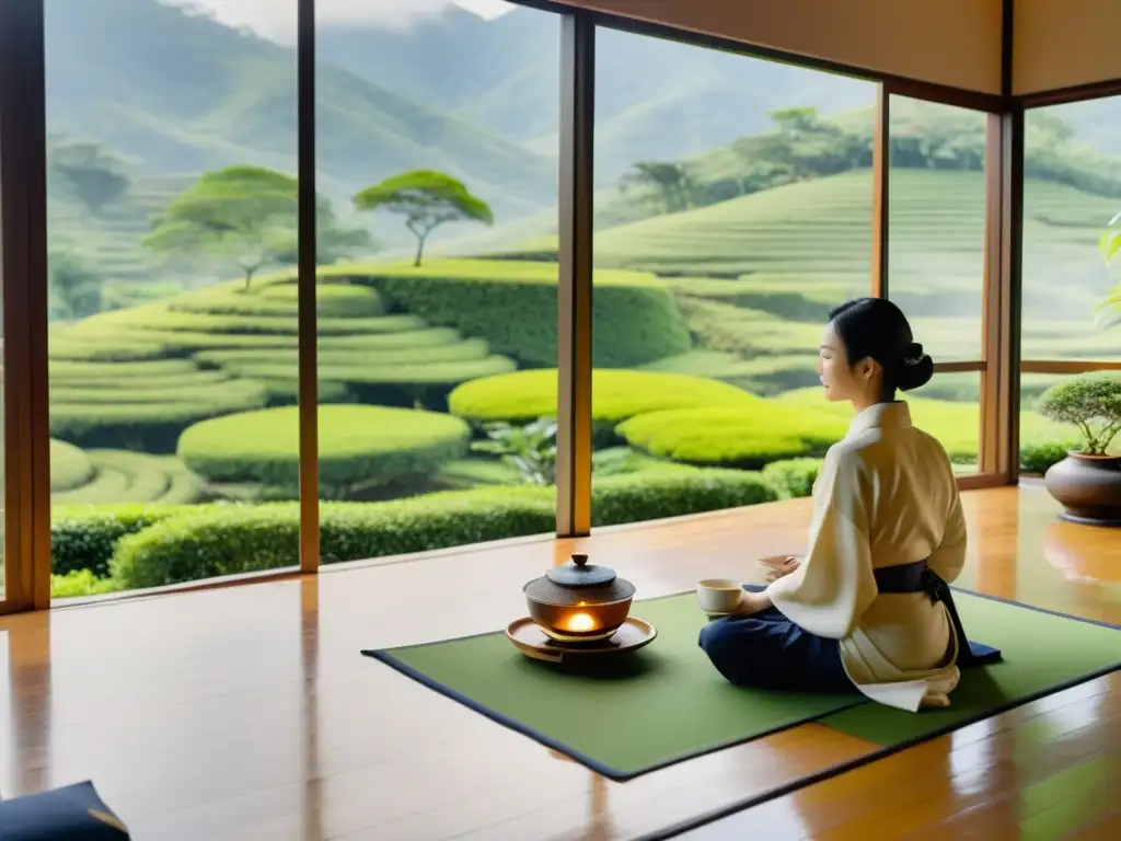 Ritual del Té en el Siglo XXI: Ceremonia de té en un entorno sereno con vistas a plantación de té verde