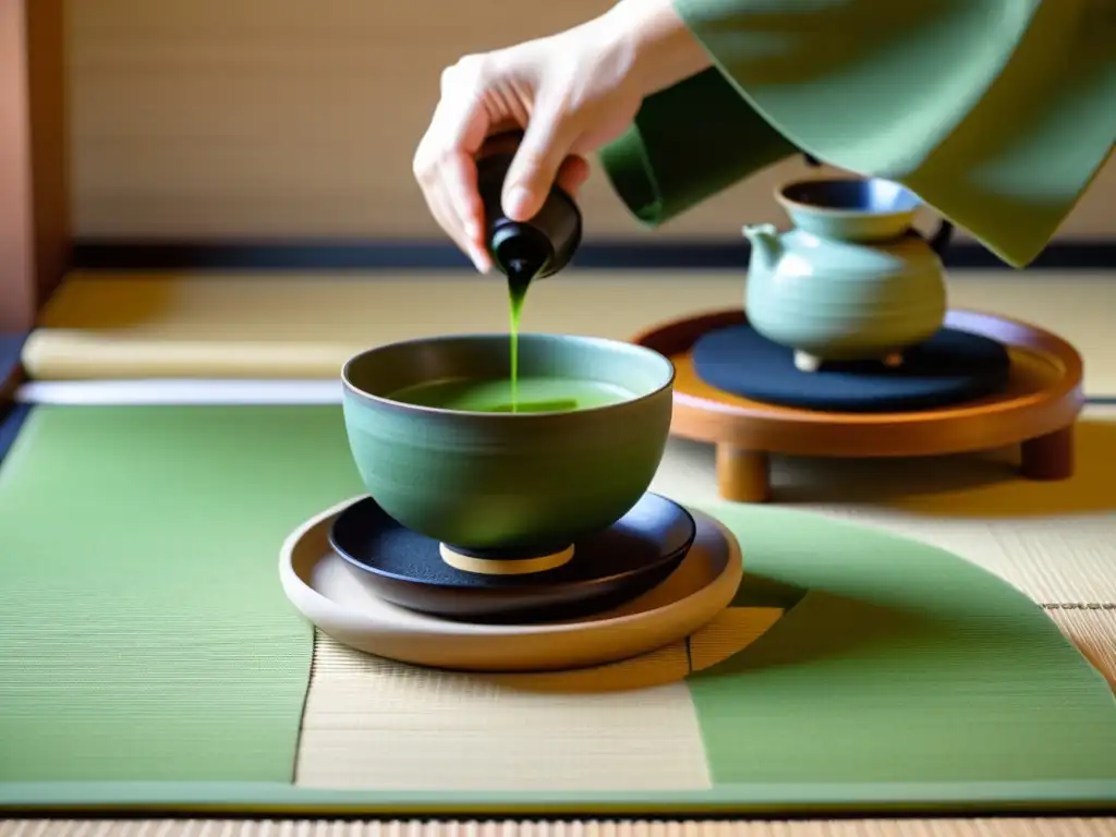 Ritual del Té en el Siglo XXI: Maestro del té vierte matcha en cuenco, en una tranquila habitación tatami con elementos tradicionales japoneses