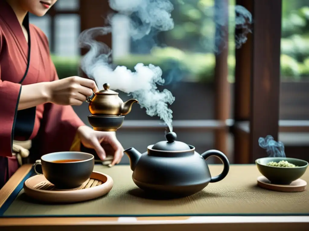 Ritual del Té en el Siglo XXI: Ceremonia tradicional en un entorno urbano moderno, con detalles y movimiento ceremonial