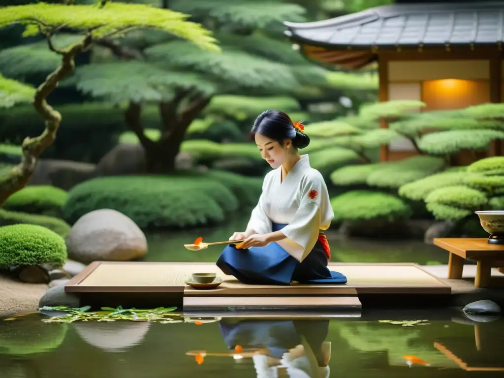 Ritual del Té en el Siglo XXI: Jardín japonés tradicional con maestro de té realizando ceremonia, koi en estanque y naturaleza serena