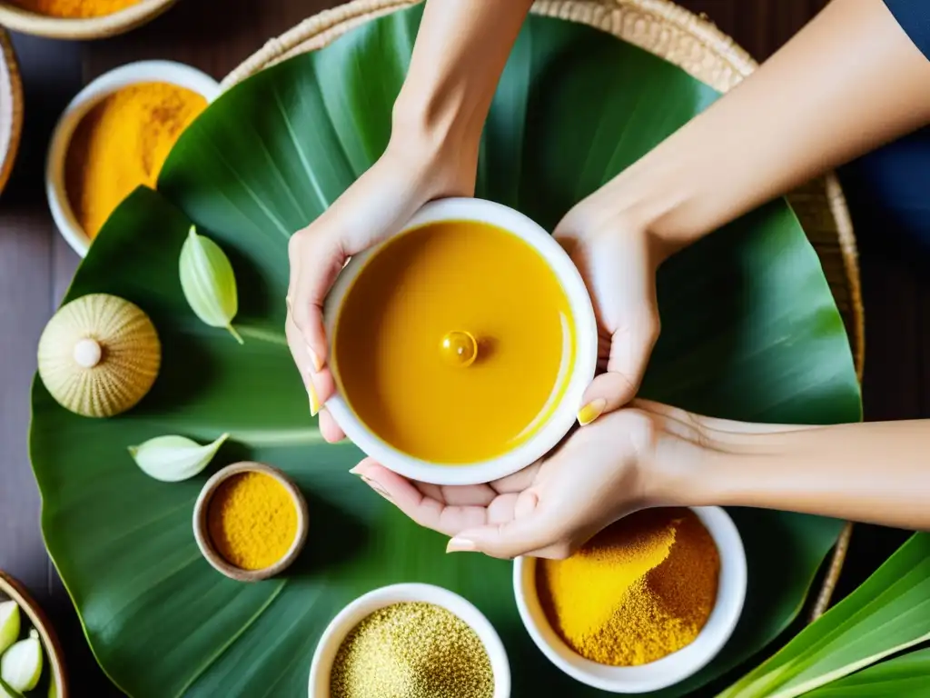 Ritual tailandés de belleza: mezcla de ingredientes naturales como cúrcuma, miel y hierba de limón en la piel, mostrando la tradición y beneficios de las rutinas de belleza tailandesas