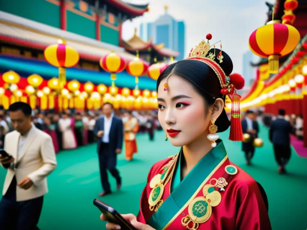 Rituales asiáticos en la era digital: Una bulliciosa ciudad celebra un festival tradicional con colores vibrantes y detalles ceremoniales