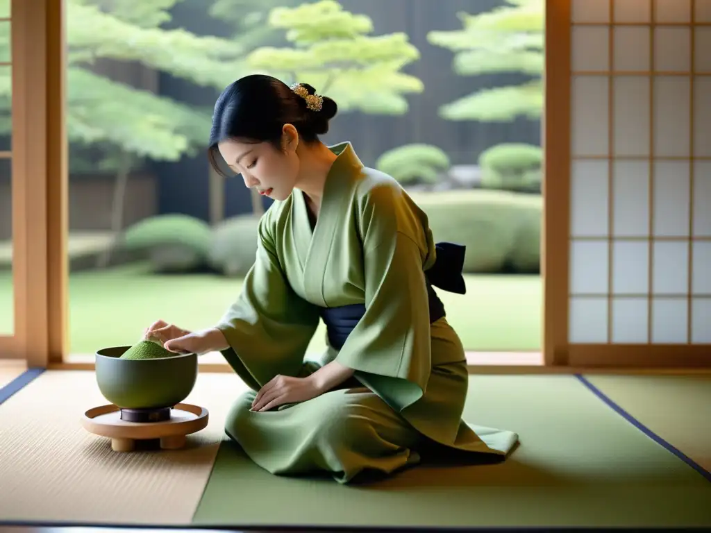 Rituales asiáticos en la era digital: Ceremonia del té japonesa en un espacio minimalista con luz natural, evocando serenidad y tradición