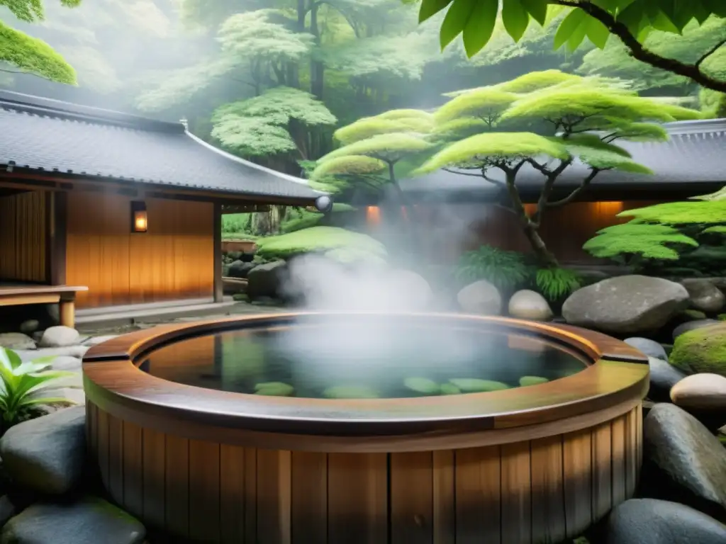 Rituales asiáticos para purificar piel en baño de aguas termales japonesas rodeado de exuberante vegetación y tranquila serenidad natural