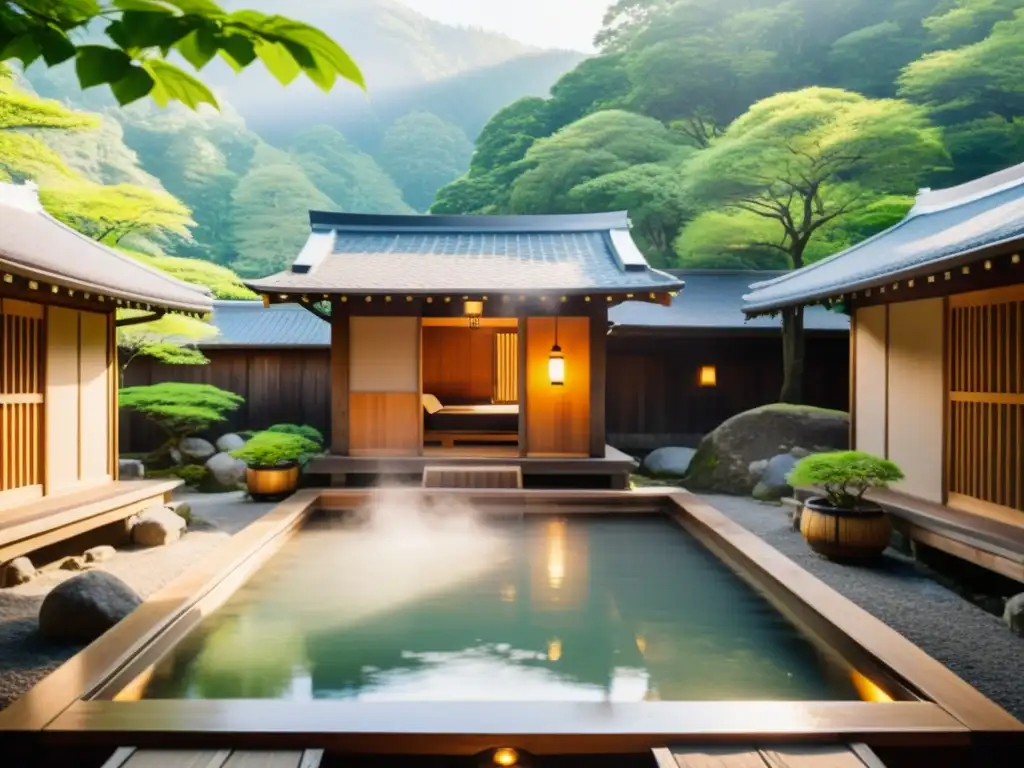 Rituales asiáticos para purificar piel en un sereno onsen japonés con aguas termales naturales, vegetación exuberante y baños de madera tradicionales