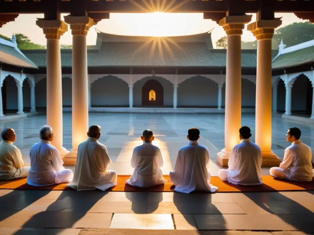 Rituales Jainistas para renovar espíritu: Devotos meditan en un patio de mármol iluminado por la suave luz del atardecer