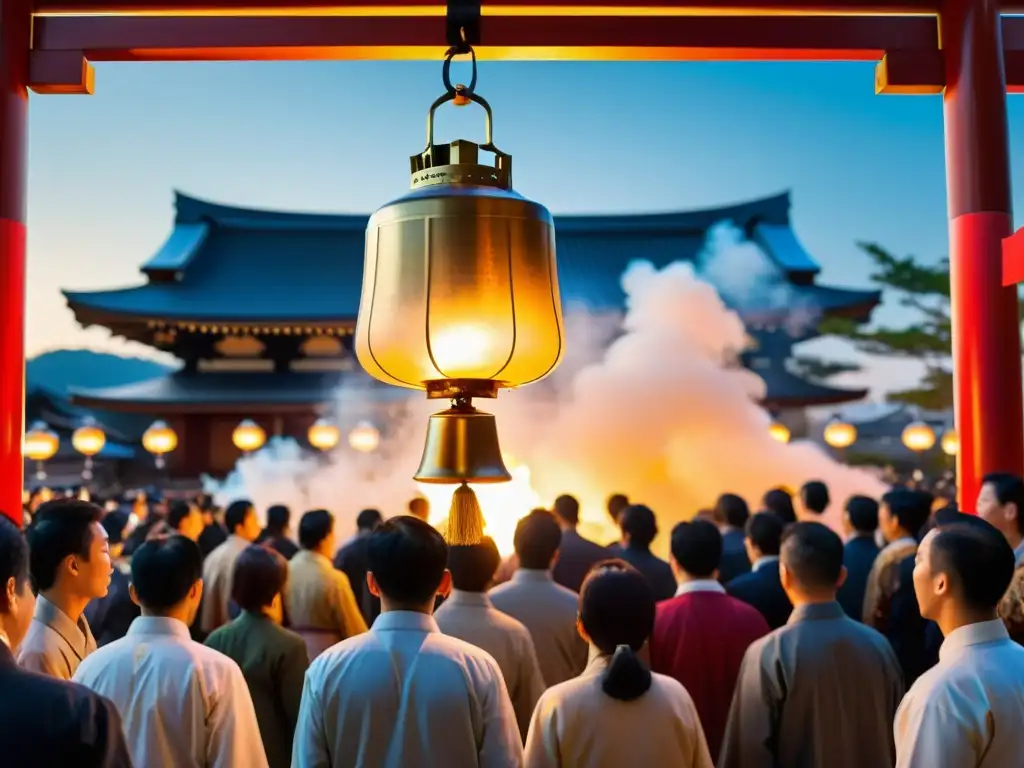 Rituales Nochevieja Japonesa Año: Imagen de campana de templo japonesa sonando en la Nochevieja, con linternas y humo de incienso