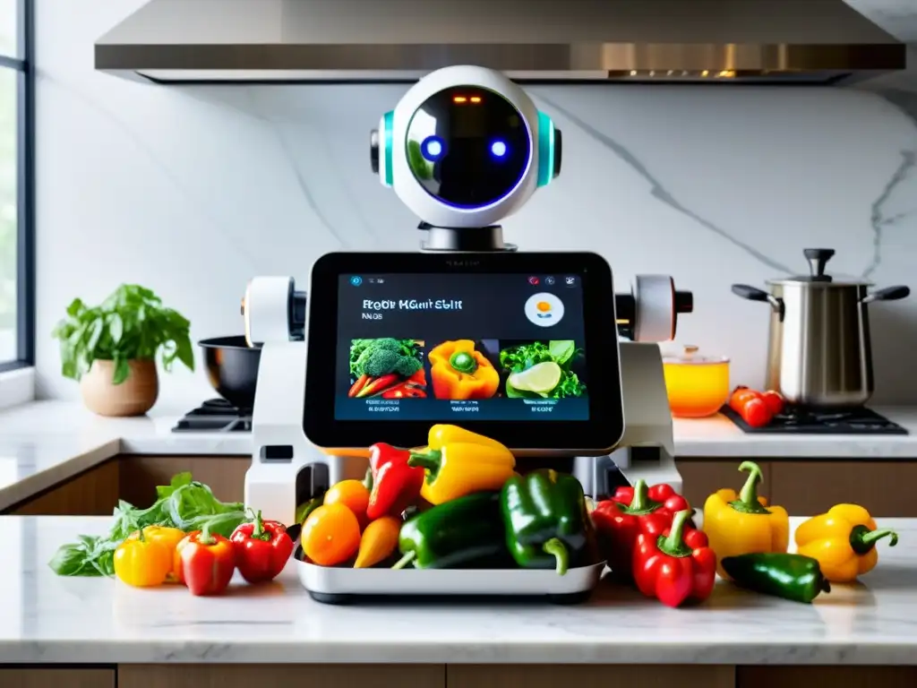 Un robot de cocina asiático de avanzada tecnología preparando recetas gourmet en una cocina moderna con ingredientes frescos y coloridos