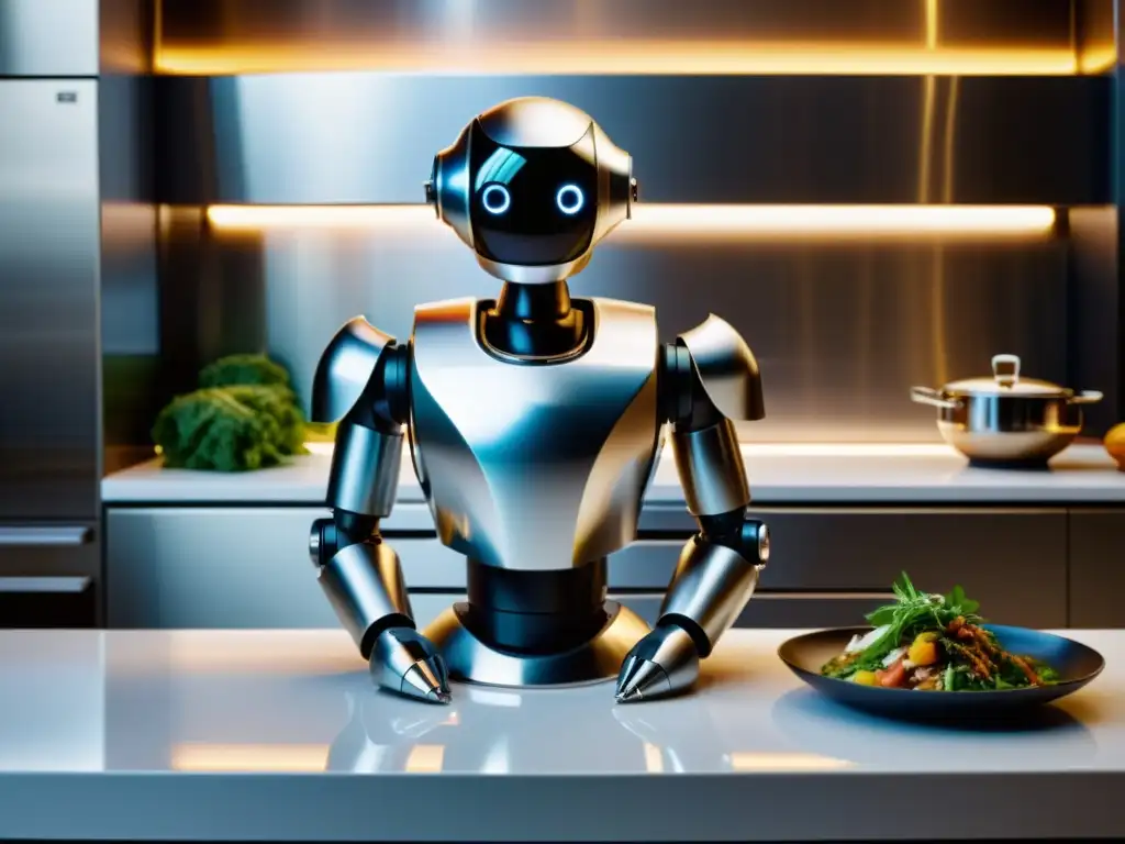 Un robot de cocina asiático se destaca en una cocina ultramoderna mientras chefs preparan recetas gourmet con maestría