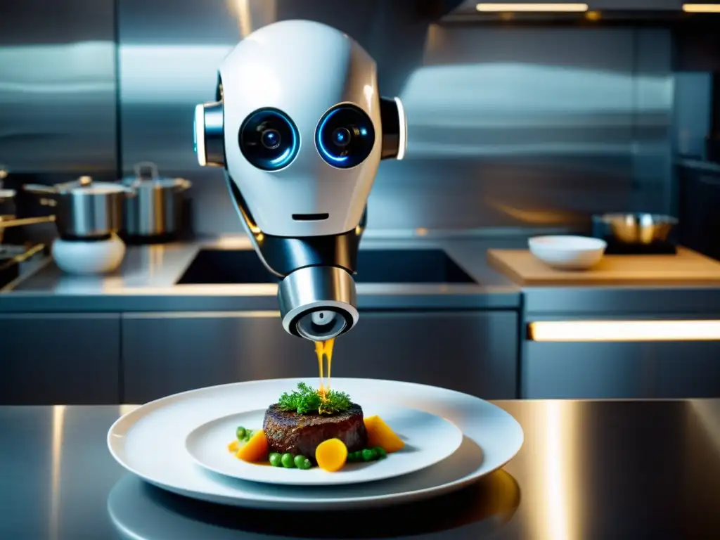 Un robot de cocina asiático prepara una exquisita receta gourmet en un ambiente moderno y elegante, fusionando tecnología y arte culinario