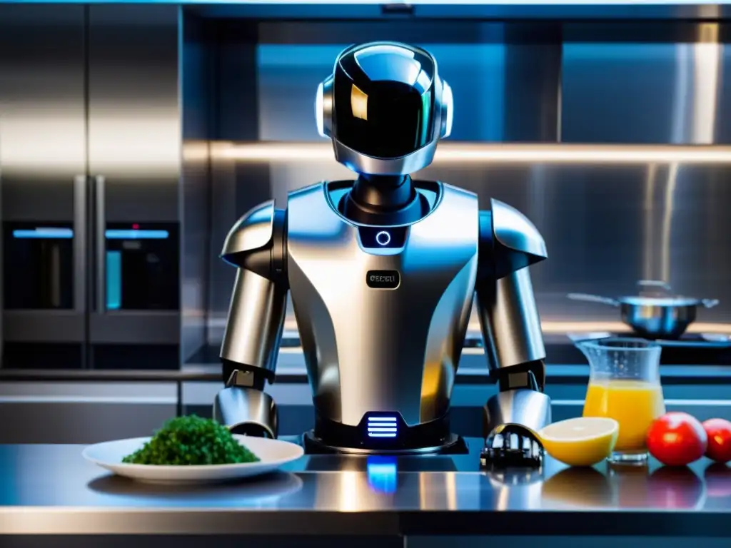 Robot de cocina asiático recetas gourmet en una cocina futurista y minimalista, cortando, picando y salteando ingredientes con precisión y velocidad