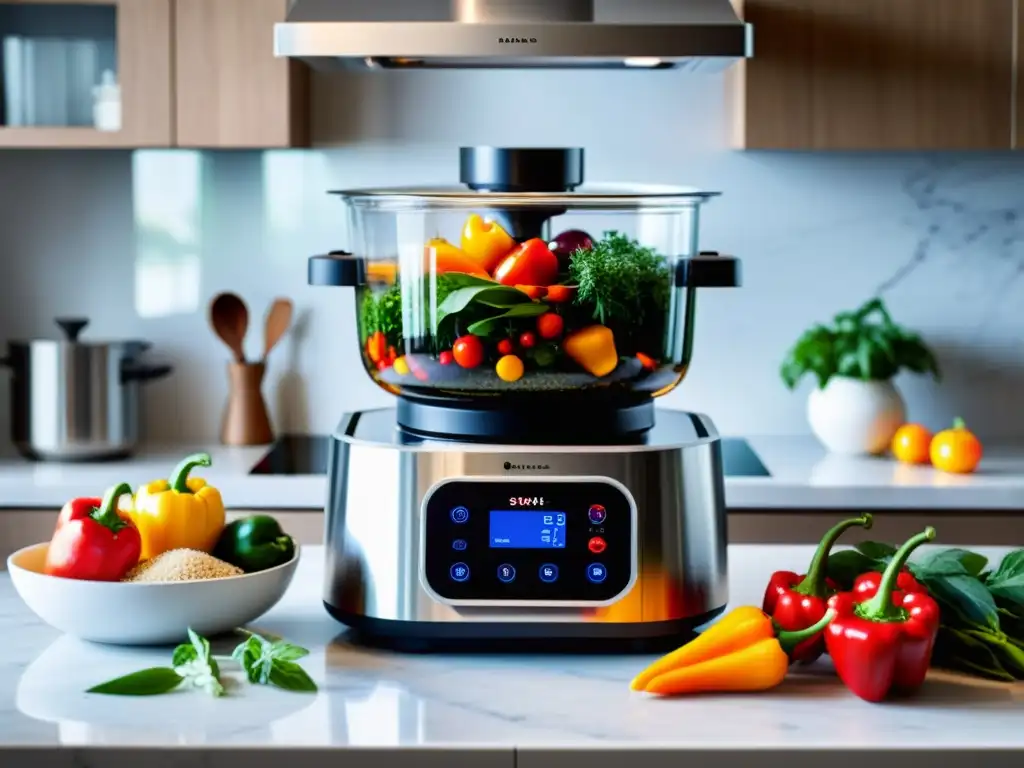 Un robot de cocina asiático preparando recetas gourmet en una cocina moderna y organizada, rodeado de ingredientes frescos y coloridos