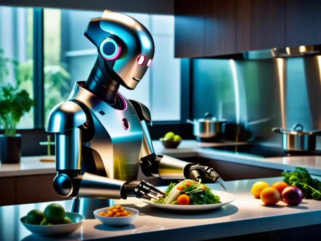 Un robot de cocina asiático prepara recetas gourmet con precisión y sofisticación en una cocina futurista