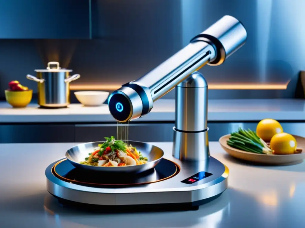 Un robot de cocina asiático preparando recetas gourmet con precisión y rapidez, rodeado de ingredientes frescos y coloridos