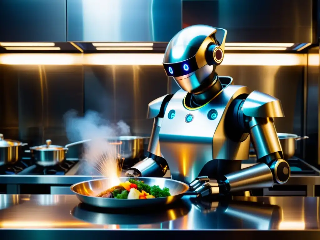 Robot de cocina asiático preparando recetas gourmet con precisión y elegancia en una cocina ultramoderna de alta tecnología