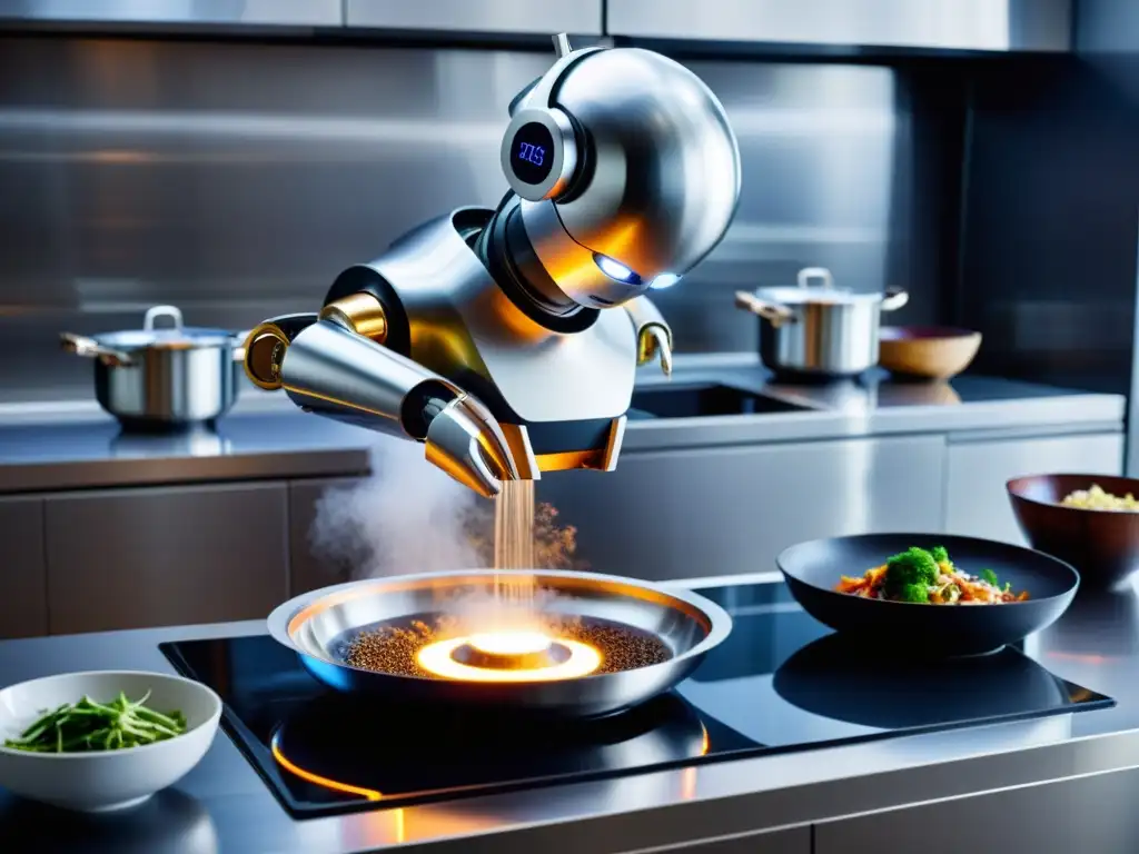 Robot de cocina asiático preparando recetas gourmet en una cocina moderna y sofisticada, evocando innovación culinaria