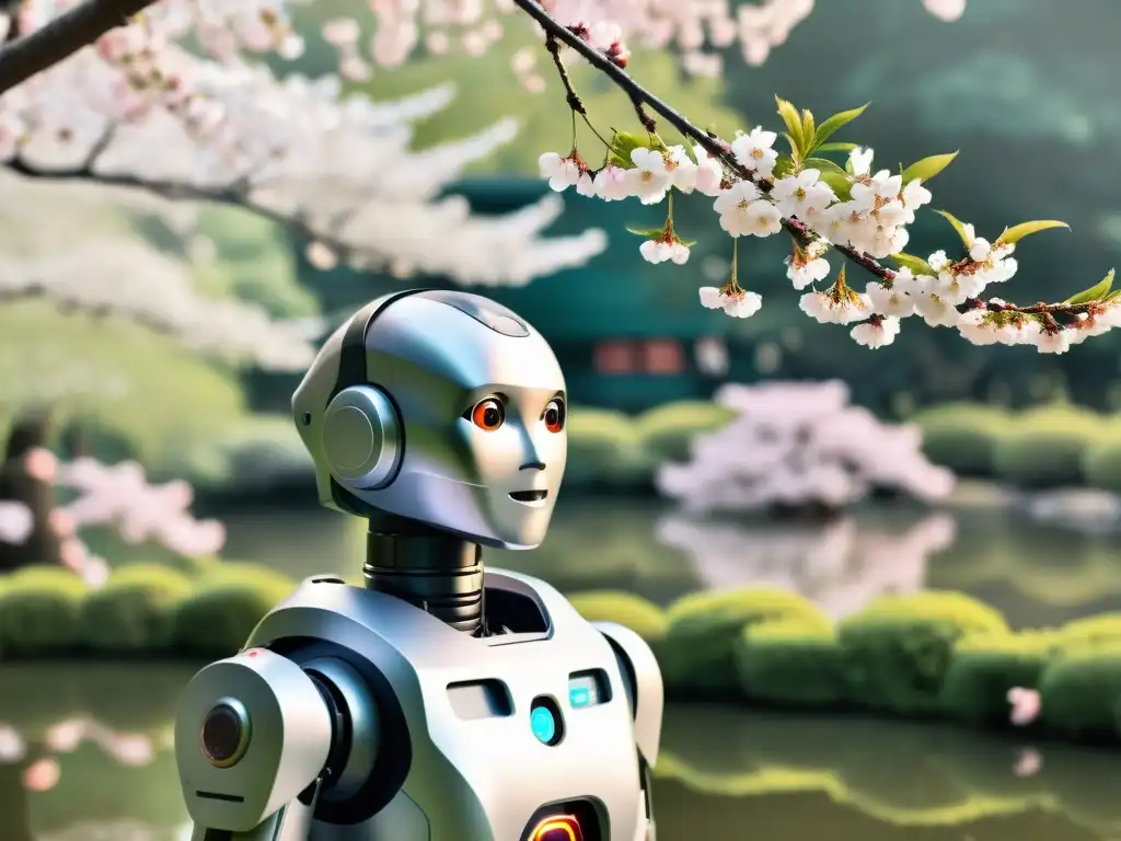 Robot con expresión compasiva en jardín asiático con cerezos en flor y estanque, simbolizando la Inteligencia Artificial en la ética asiática