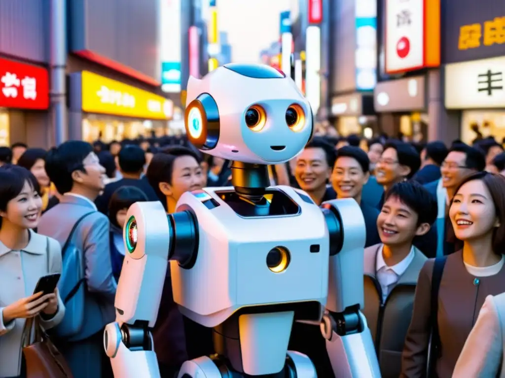 Un robot japonés de diseño futurista se integra perfectamente en una bulliciosa calle de Tokio, mostrando el avance exponencial de la tecnología