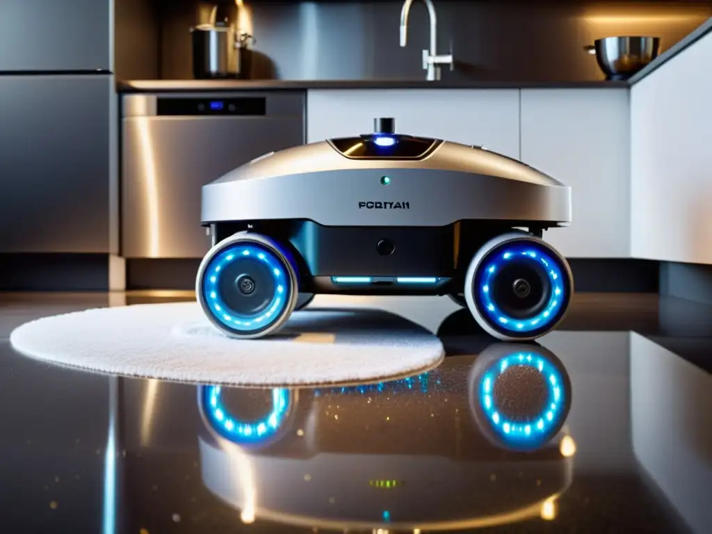 Robot de limpieza surcoreano de aspecto futurista, brillante y eficiente, en una cocina impecable y moderna