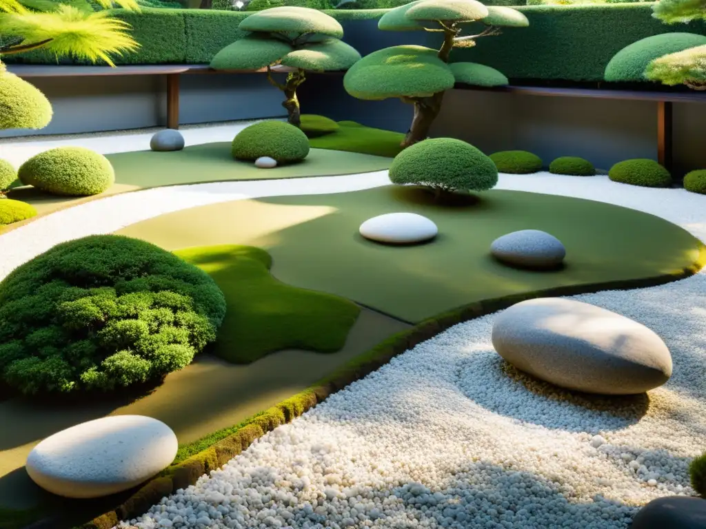 Un jardín de roca japonés tradicional, con un paisaje sereno y minimalista