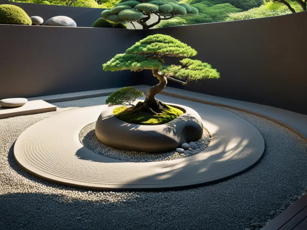 Jardín de rocas japonés en blanco y negro; refleja la serenidad del minimalismo asiático en arte moderno