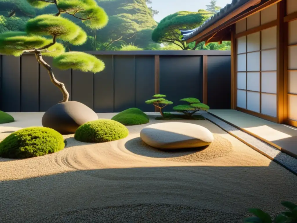 Un jardín de rocas japonés minimalista rodeado de exuberante vegetación y una estructura de madera tradicional al fondo