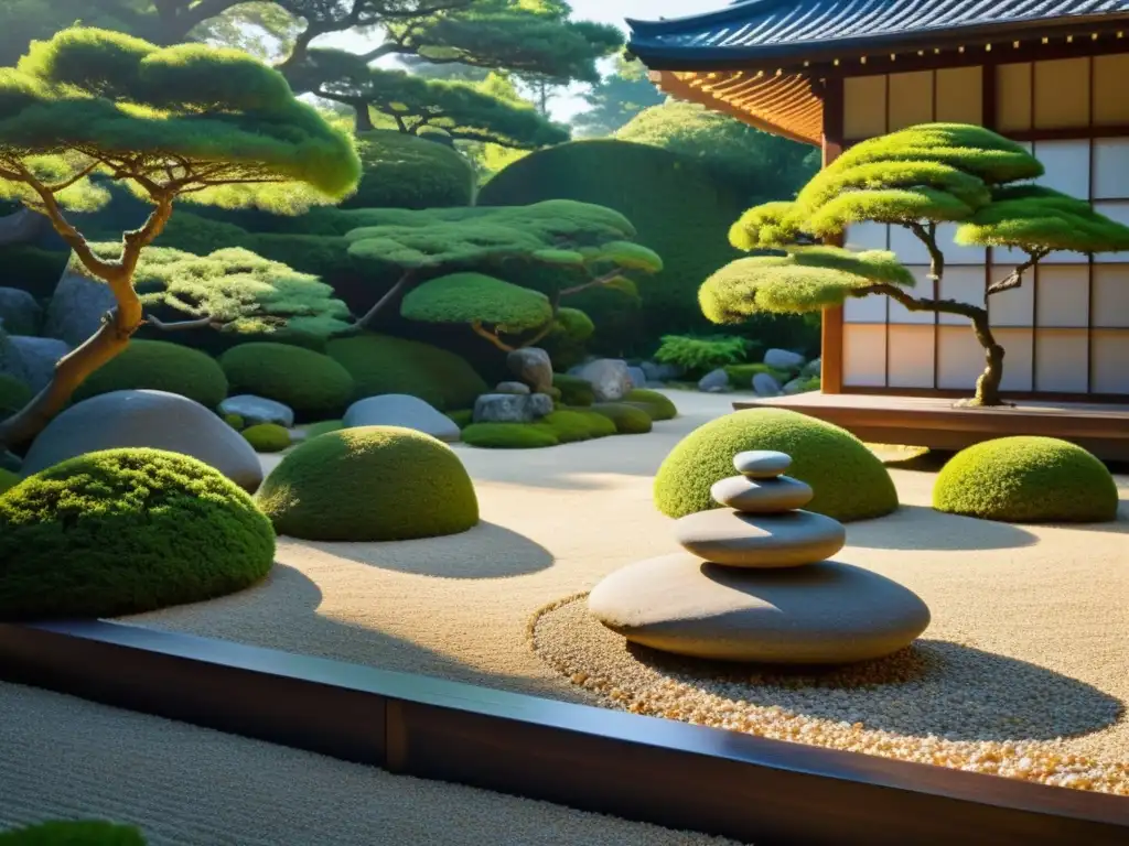 Un jardín de rocas japonés sereno con un diseño minimalista, rodeado de exuberante vegetación y una casa de té de madera tradicional al fondo