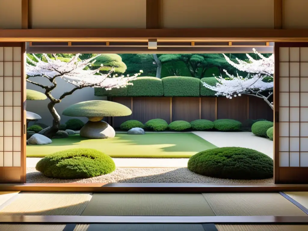 Un jardín de rocas japonés sereno y minimalista rodeado de exuberante vegetación y árboles de cerezo en flor