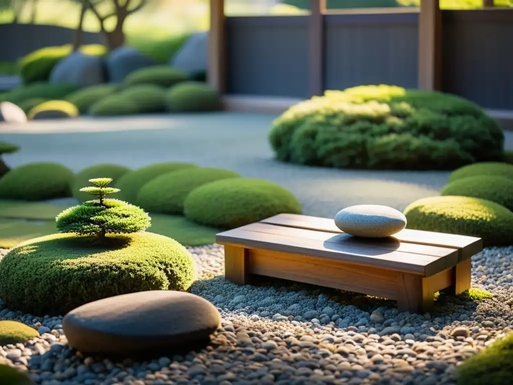 Un jardín de rocas japonés sereno y minimalista bañado por el sol de la tarde