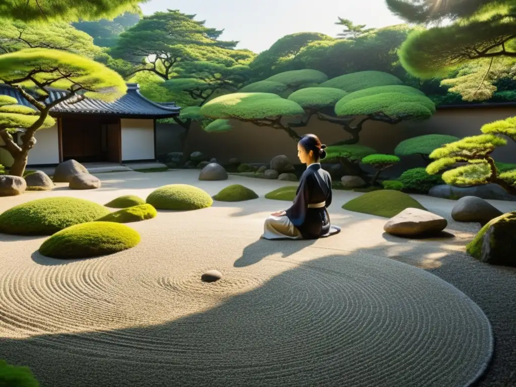 Un jardín de rocas japonés, con un templo zen al fondo y una figura meditando