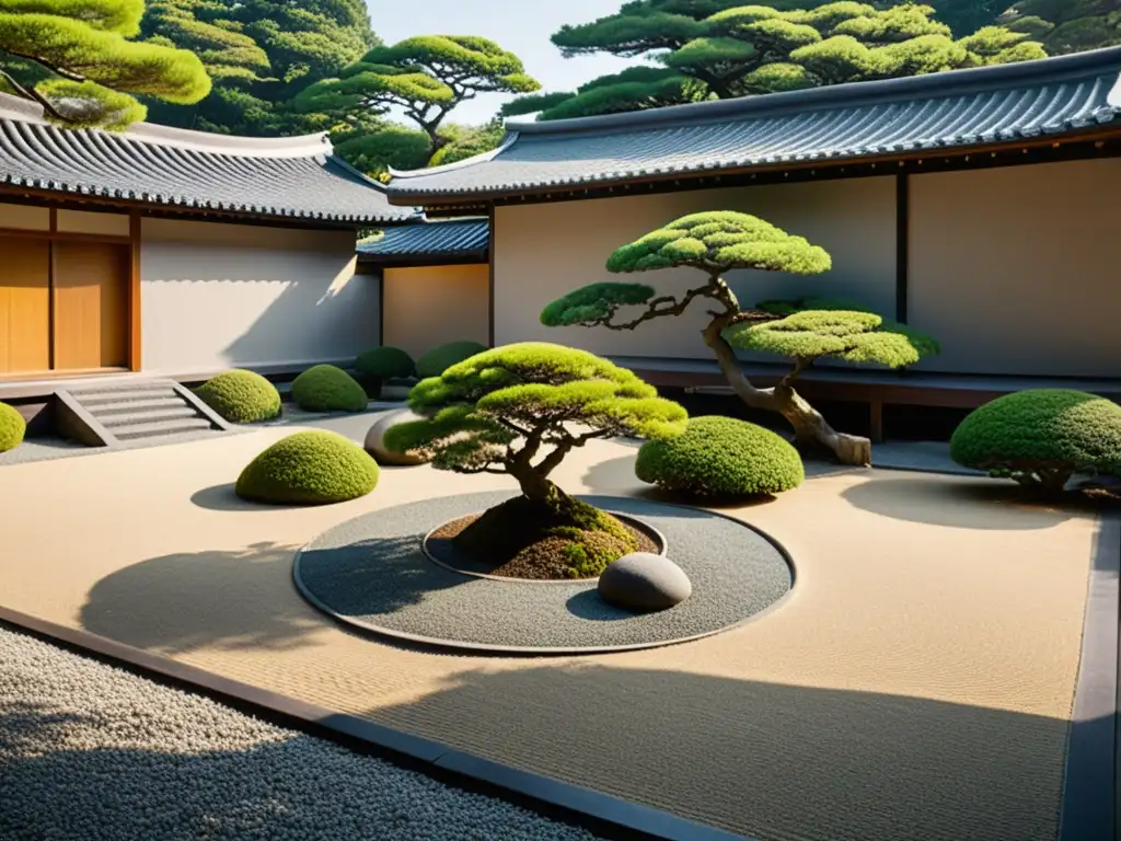 Un jardín de rocas japonés en tonos serenos, con árboles bonsái y arquitectura minimalista