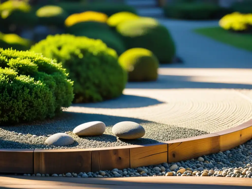 Un jardín de rocas japonés tradicional, con patrones de luz y sombra en la grava, rocas cubiertas de musgo y un puente de madera al fondo