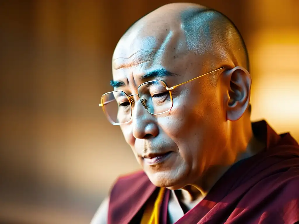 El Dalai Lama en meditación, rodeado de luz suave, transmite serenidad y sabiduría