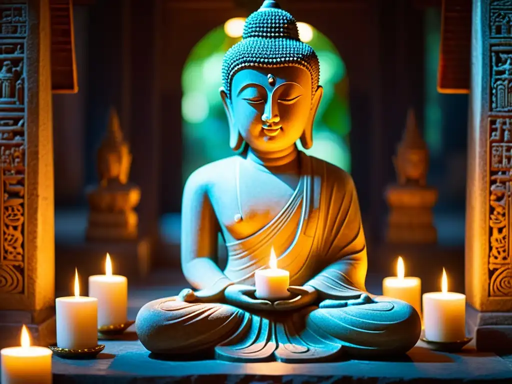 Buda en meditación, rodeado de luz de velas en un templo