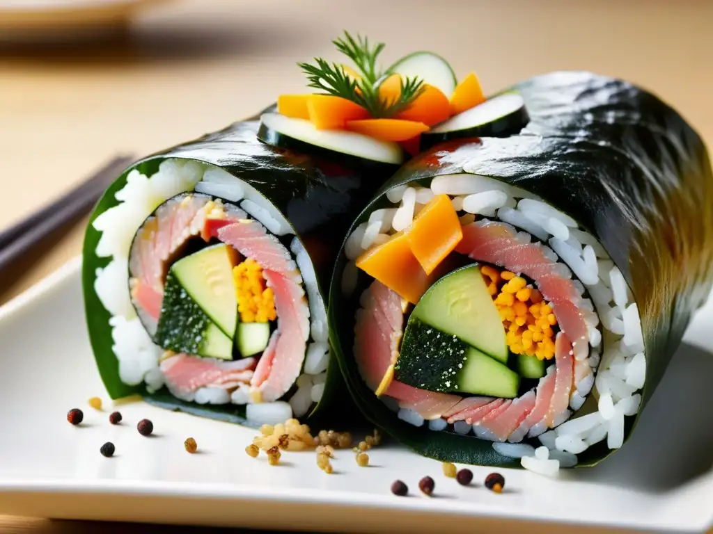 Un rollo de gimbap coreano recién hecho, con ingredientes coloridos y arreglados con precisión, que resalta la tradición y el sabor del gimbap coreano