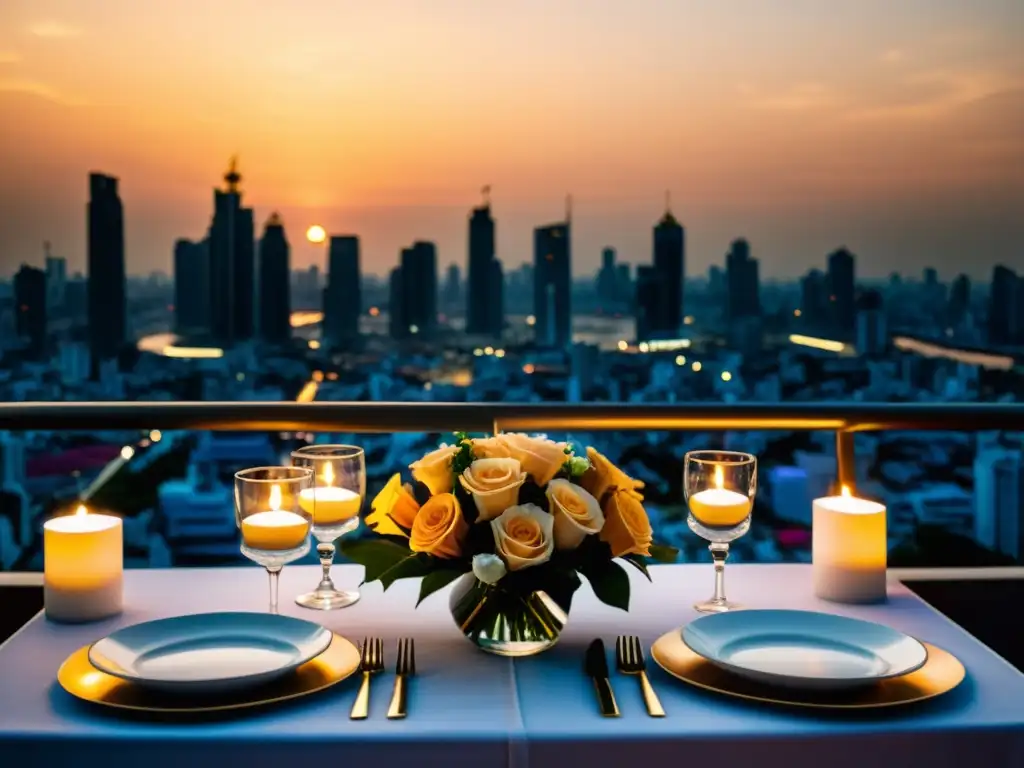 Espectacular cena romántica en Bangkok al atardecer Una romántica cena íntima en un rooftop de Bangkok al atardecer, con elegante decoración y una vista espectacular de la ciudad