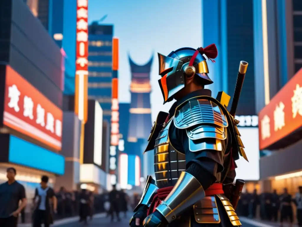 Un ronin moderno contempla la ciudad, vistiendo armadura samurái con un toque contemporáneo