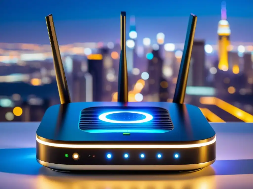 Un router asiático de internet rápida, rodeado de luces de la ciudad nocturna, simboliza la velocidad y conectividad