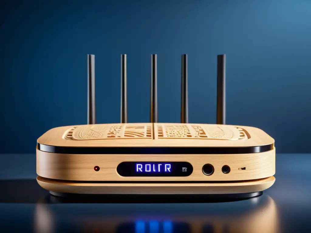 Un router elegante con diseño inspirado en la arquitectura asiática se fusiona con la belleza tradicional china en un interior contemporáneo