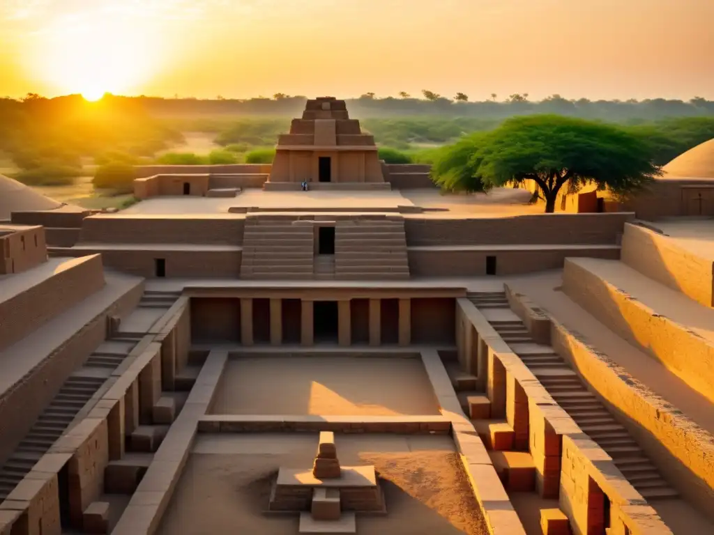 Ruinas antiguas de Mohenjodaro con influencia del Valle del Indo en idiomas, bañadas por cálida luz dorada al atardecer