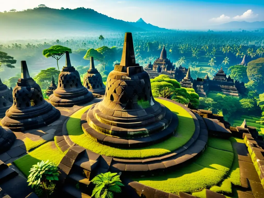 Ruinas antiguas del templo Borobudur en Indonesia, con tallados de piedra, estupas y exuberante vegetación bajo suave luz solar