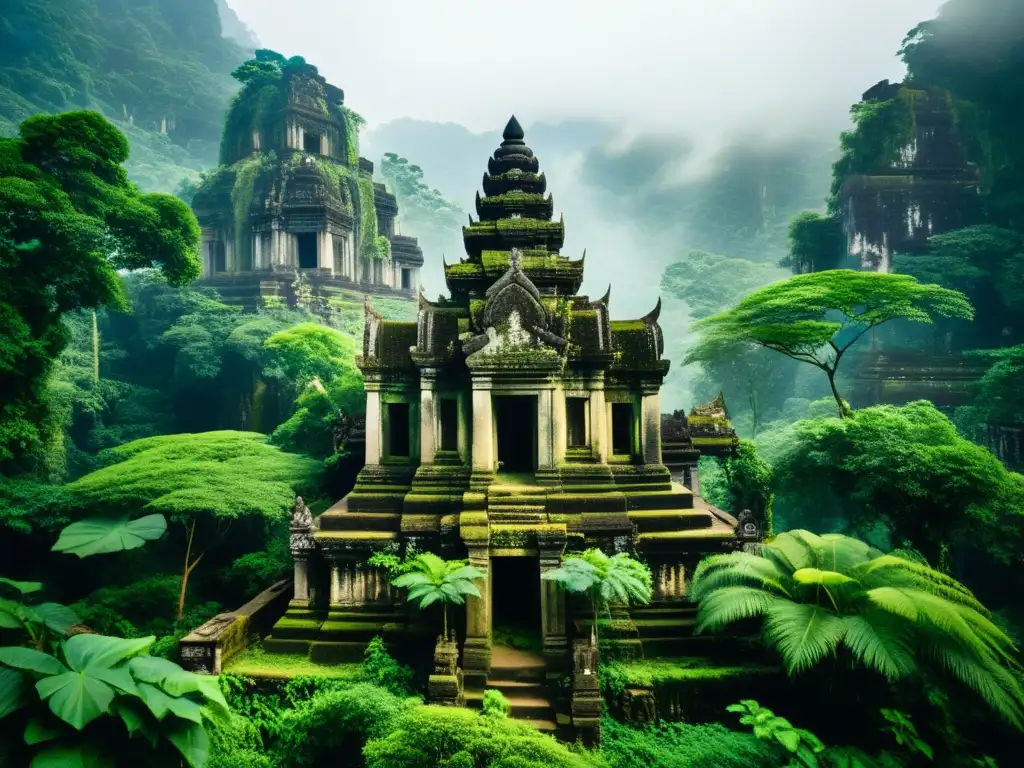 Ruinas antiguas de templo entre montañas Ruinas de un antiguo templo en las exuberantes montañas de Asia, evocando misterio y espiritualidad en los santuarios olvidados de Asia