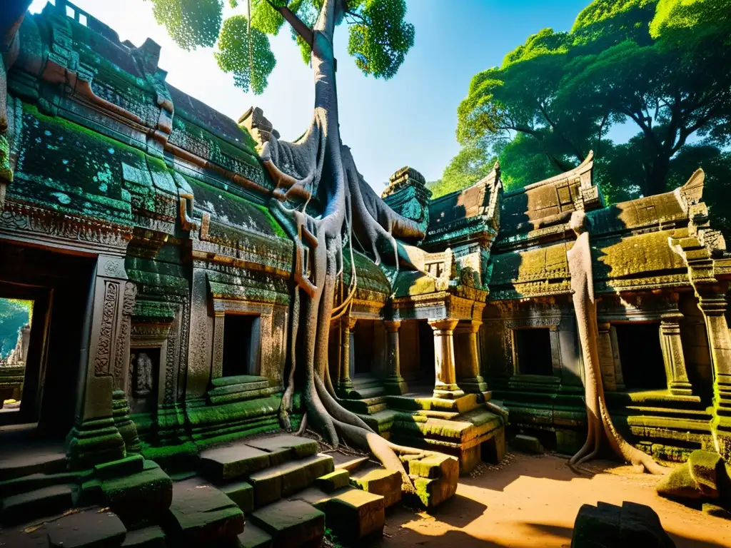Ruinas de Ta Prohm en Camboya: Fusión mágica de naturaleza y arquitectura Ruinas cubiertas por la vegetación en el templo de Ta Prohm, evocando la atmósfera de los santuarios olvidados de Asia