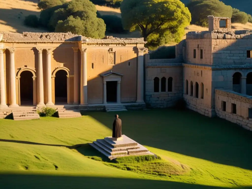 Ruinas de escuela neoplatónica en colina al atardecer, con figura contemplativa