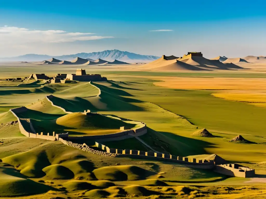 Ruinas de una fortaleza en la estepa mongola, evocando el liderazgo estratégico en Asia con la belleza y dureza del entorno al atardecer