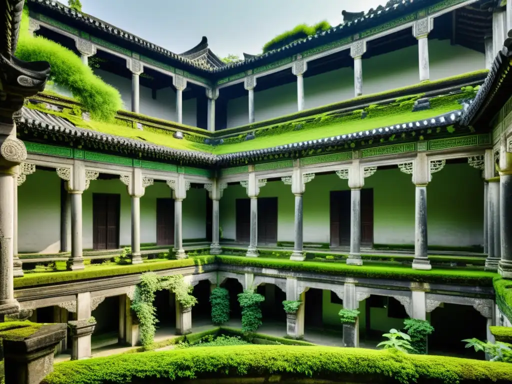 Ruinas de un palacio de la dinastía Ming en China, invadido por la vegetación, evocando la caída de los Ming en China