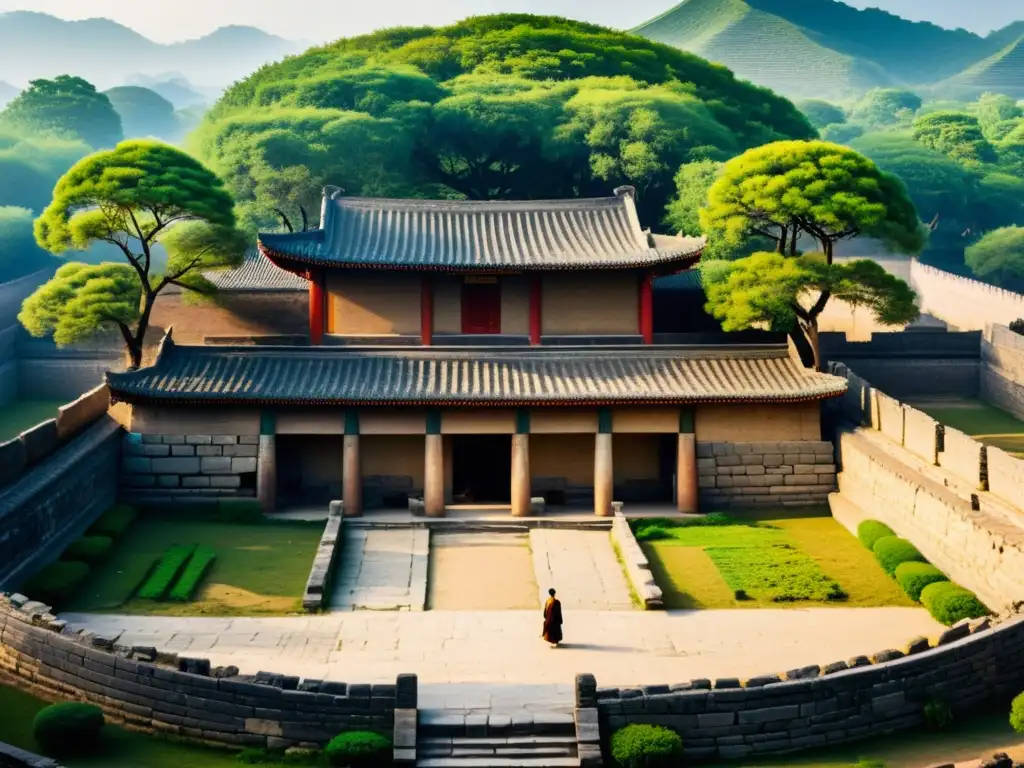 Ruinas del palacio de la dinastía Zhou y Estados Combatientes, con una figura solitaria contemplando la majestuosidad en declive